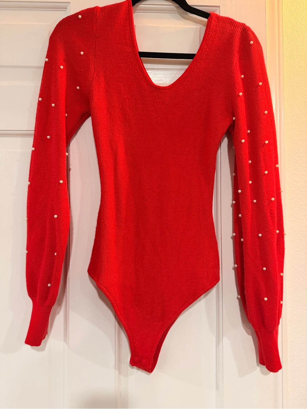 Red Pearl-Accent Long-Sleeve Ribbed Bodysuit